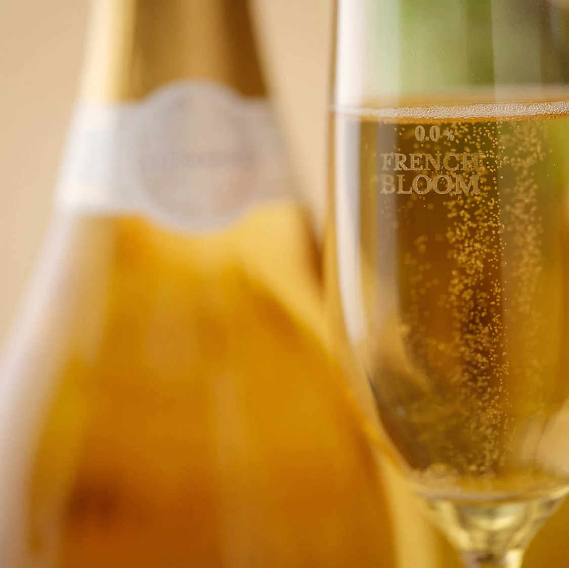 French Bloom Sparkling Non Alcoholic Wine - Le Blanc, close up of glass
