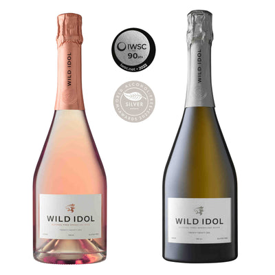 Wild Idol Rose and White Sparkling Wine bottles with award icans