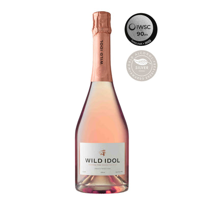Wild Idol Alcohol Free Sparkling Rose Wine bottle image with award icons
