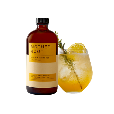 Mother Root Alcohol Free Aperitif bottle with a glass