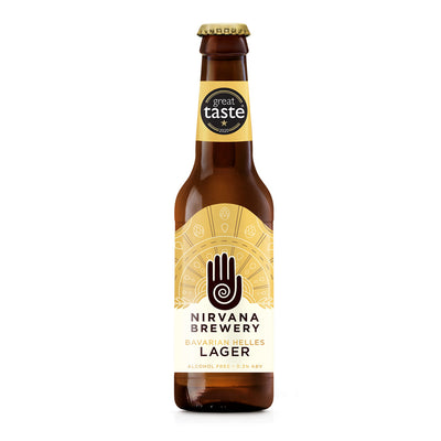 Nirvana Brewery Bavarian Helles Alcohol Free Lager 0.3% ABV bottle, front view