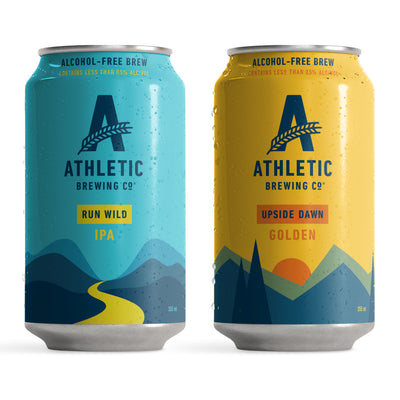 Athletic Brewing Co Non Alcoholic beer Run Wild IPA and Upside Dawn Golden Ale, front of cans